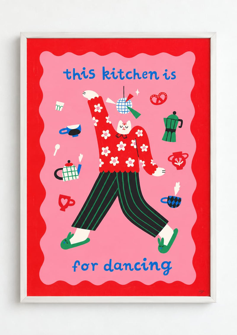 This Kitchen Is for Dancing Art Print, vibrant red art with cats in flower sweater and striped pants dancing.