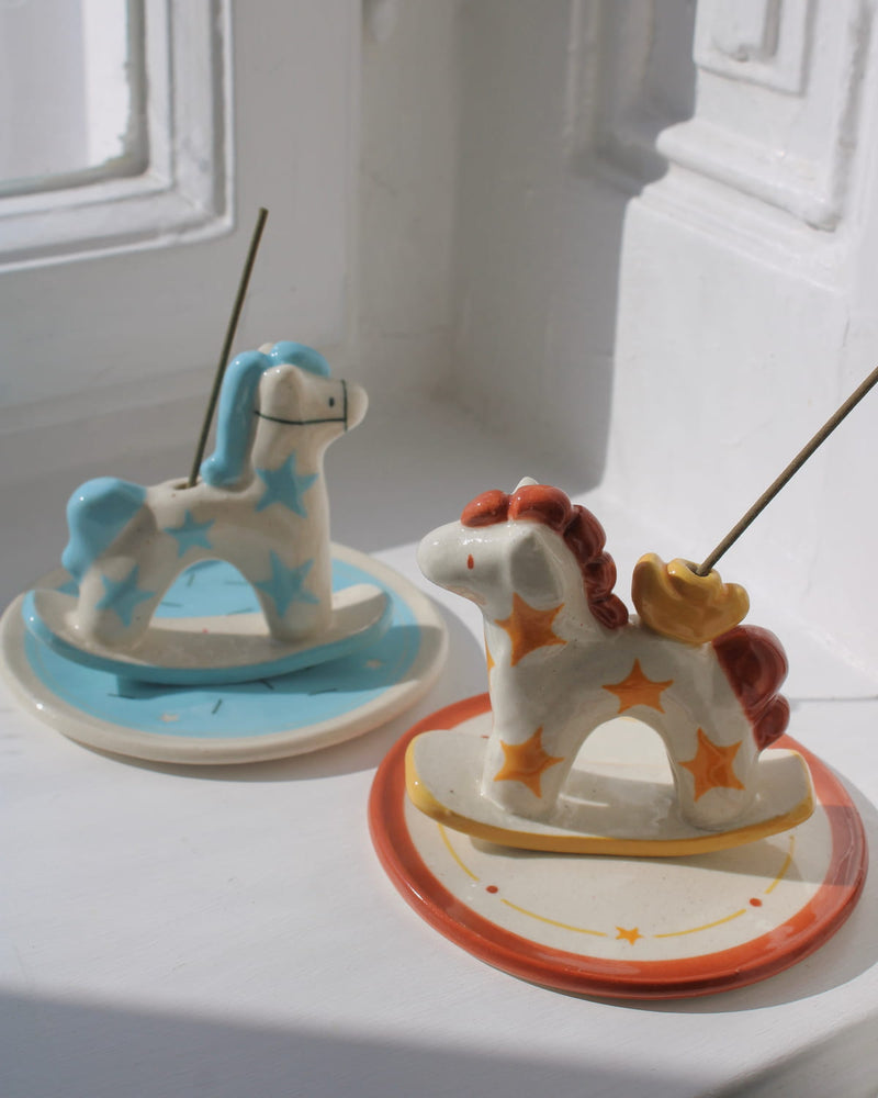 Ponyo and Ponette ceramic horse incense holders with star patterns, colorful whimsical incense burners for home decor.
