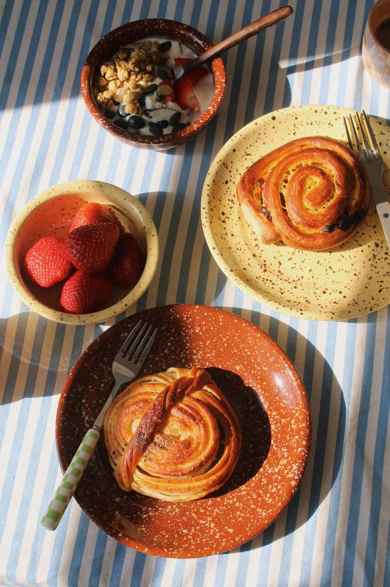 Roca and Ocre ceramic plate with speckled glaze styled with pastry, handmade plate for breakfast and everyday tableware