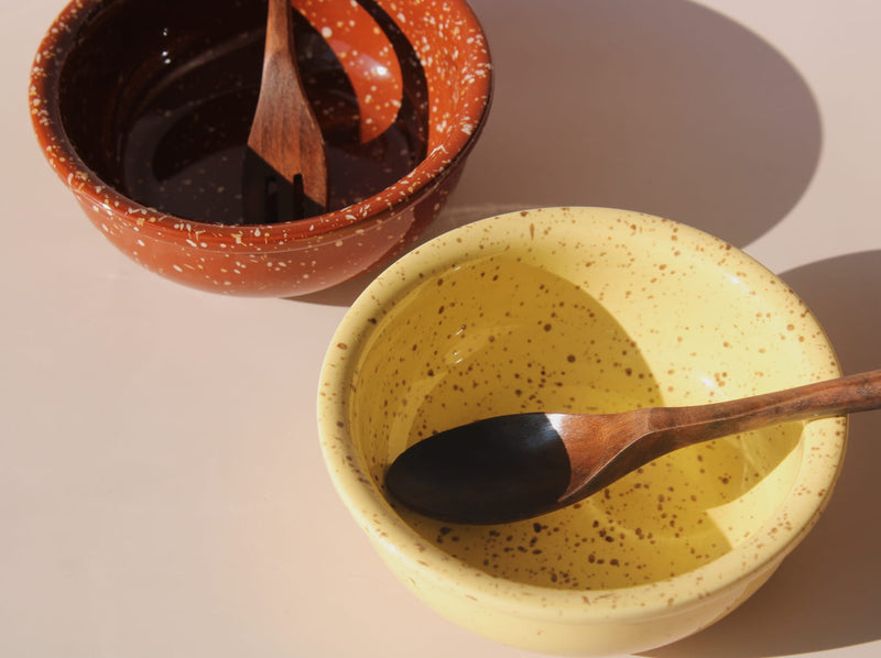 Ocre and Roca ceramic bowls together with speckled glaze finish, handmade stoneware bowls for modern tableware.