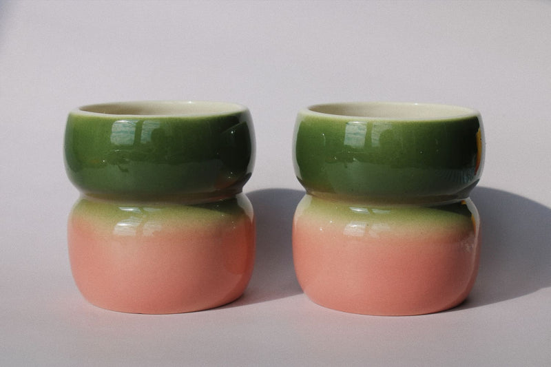 Belly Garden Ceramic Mug by Agata Puławska – handmade ceramic mug with a deep green and soft blush pink glaze