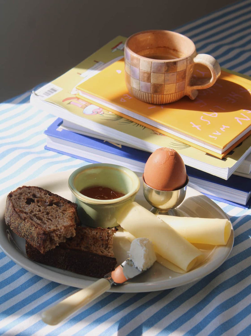 Sana ceramic plate with breakfast setup and Calla mug, handmade plate for bread, eggs and cozy morning table