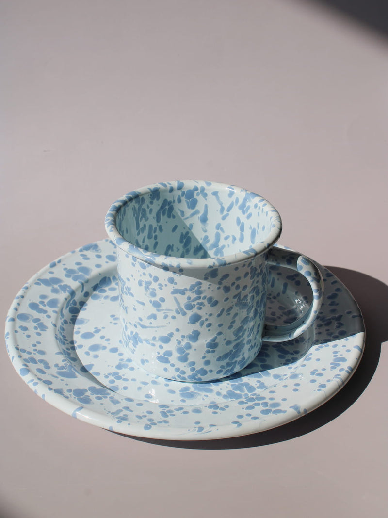 Aeris Enamel Mug and Plate in speckled baby blue, handmade enamel tableware set