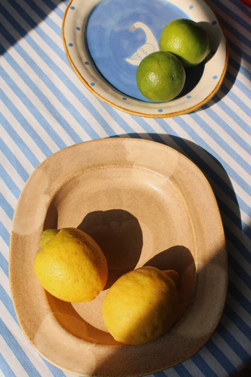 Fruit-themed Pom ceramic plate with lemons, paired with blue Pond plate, handmade plates for everyday use