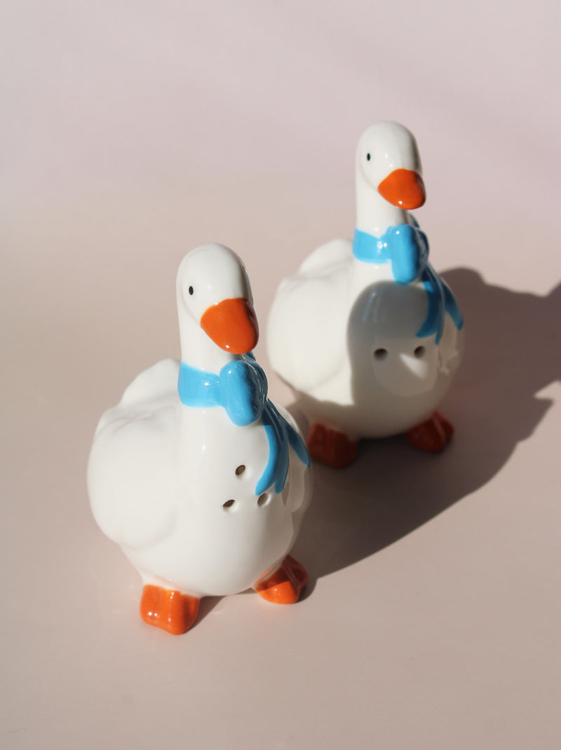 Ceramic duck salt and pepper shakers with blue scarves and orange beaks in glossy finish.