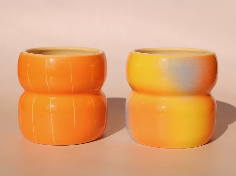 Belly ceramic mugs by Agata Puławska in mixed gradient glazes colorful handmade coffee cups collection