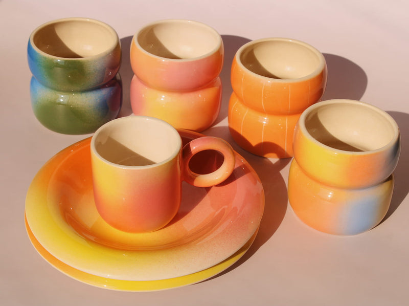 handmade ceramic coffee cup collection by Agata Puławska colorful espresso cups and mugs in gradient glazes