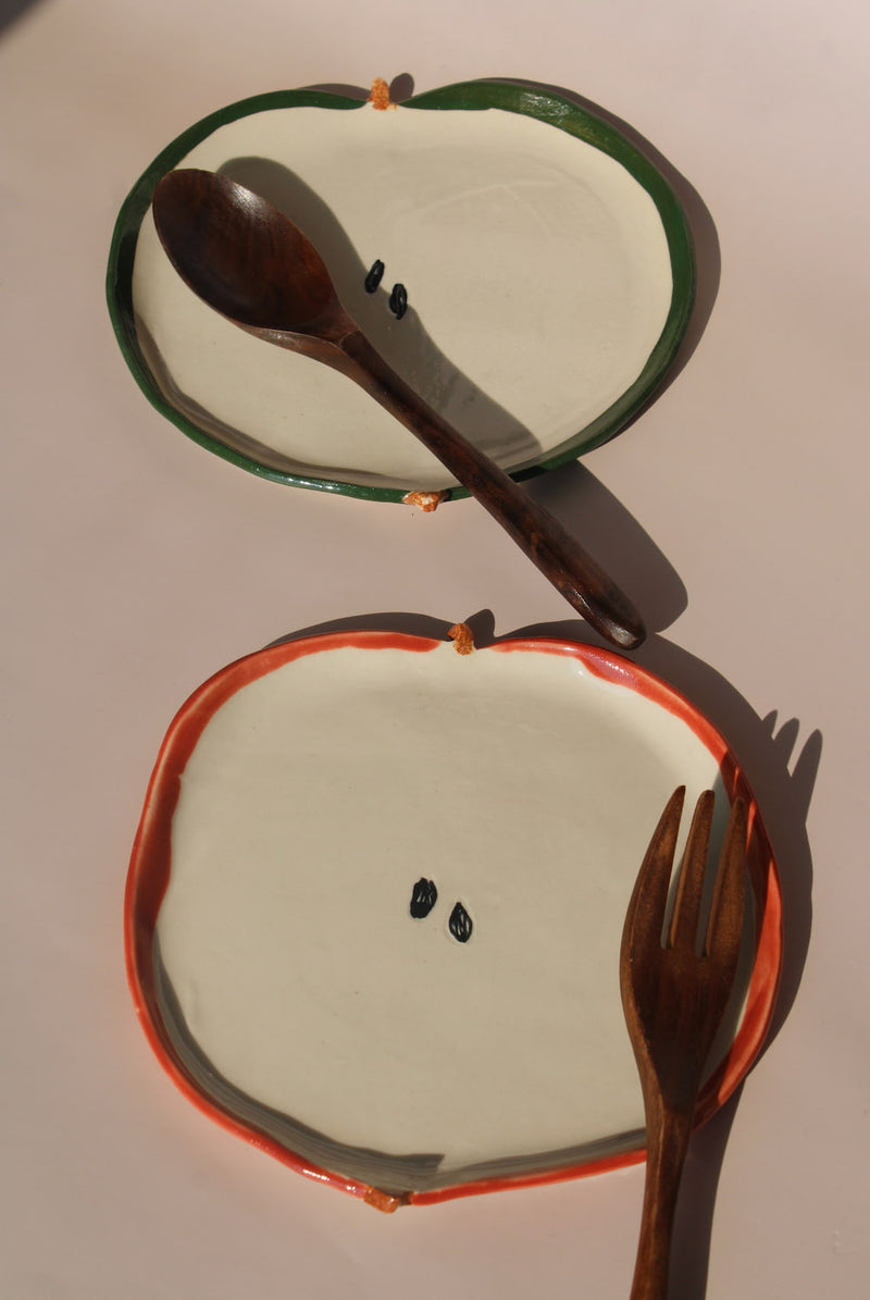 handmade ceramic red and green apple spoon rest with matching fruit plates playful kitchen accessories set