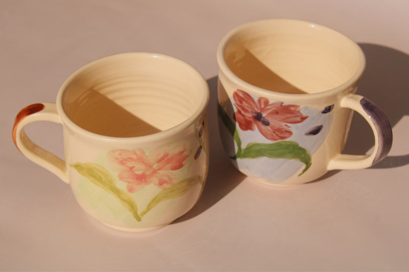 Petalia and Camellia ceramic mugs by Shannon O’Callaghan handmade floral coffee cups aesthetic tableware