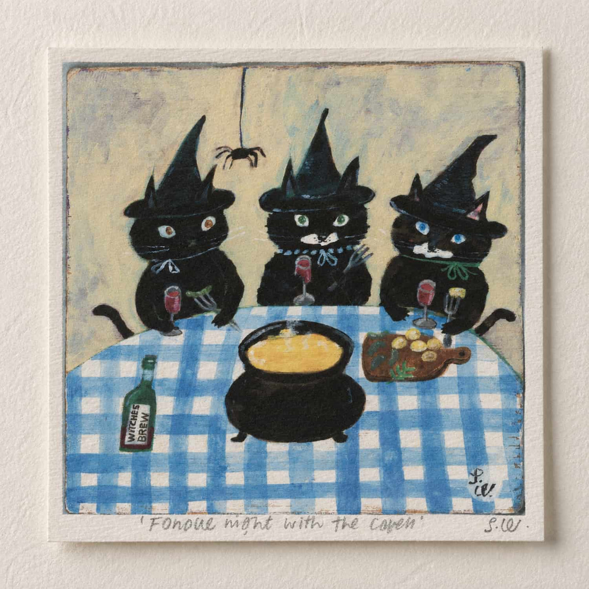 Fondue Night with the Coven Art Print featuring three black cats dressed as witches gathered around a bubbling fondue pot at a blue-and-white checkered table.