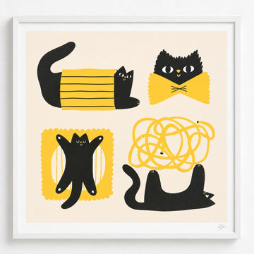 Pasta Cats Art Print - Pasta Cats Art Print featuring four playful black cat illustrations in yellow pasta-inspired designs on a cream background, framed in white.
