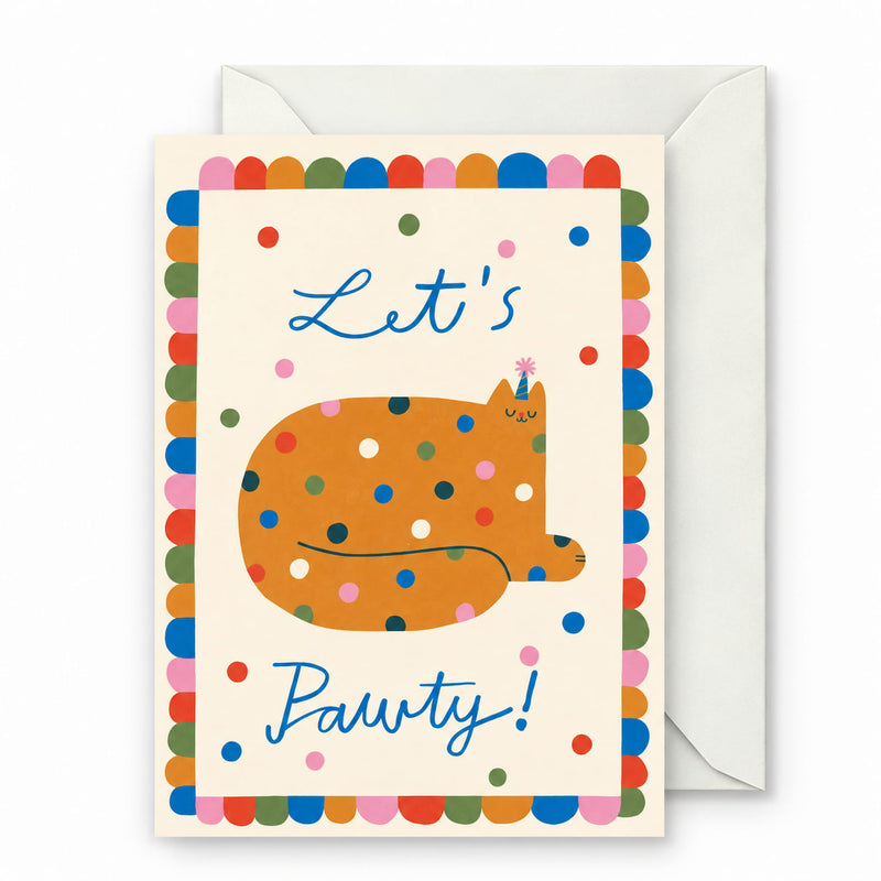  Let’s Pawty greeting card featuring a playful orange cat wearing a party hat, surrounded by colorful confetti and a multicolored scalloped border, with a white envelope.