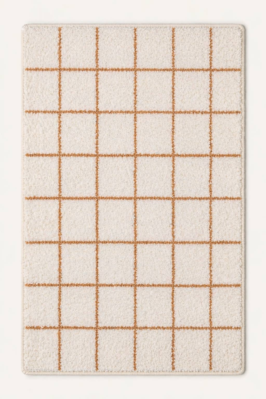 Grid-patterned rug with beige lines on a white background