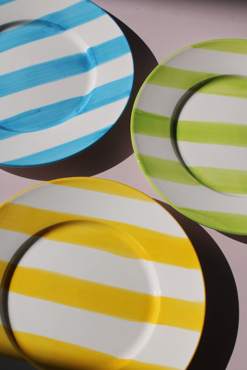 Etta, Olia and Mirel Plates together, handmade ceramic plates in yellow, green and blue stripes