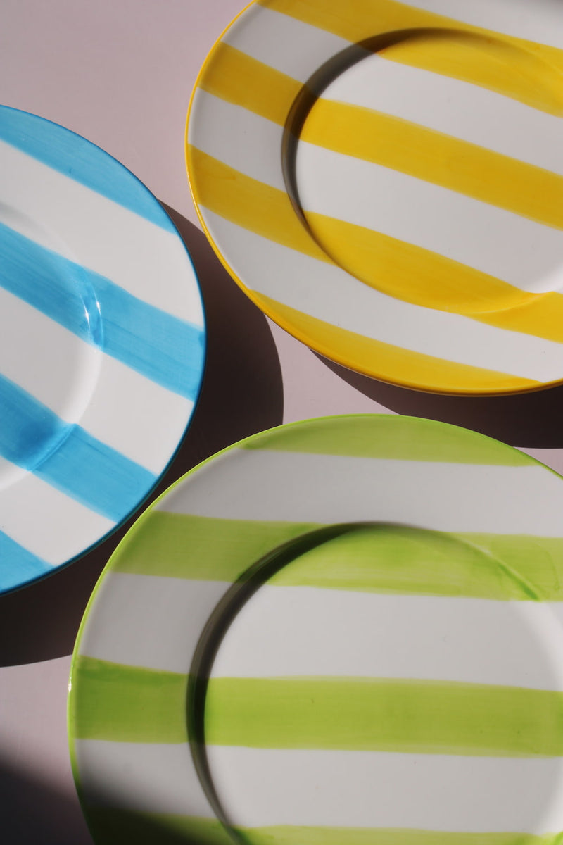Etta, Olia and Mirel Plates together, handmade ceramic plates in yellow, green and blue stripes