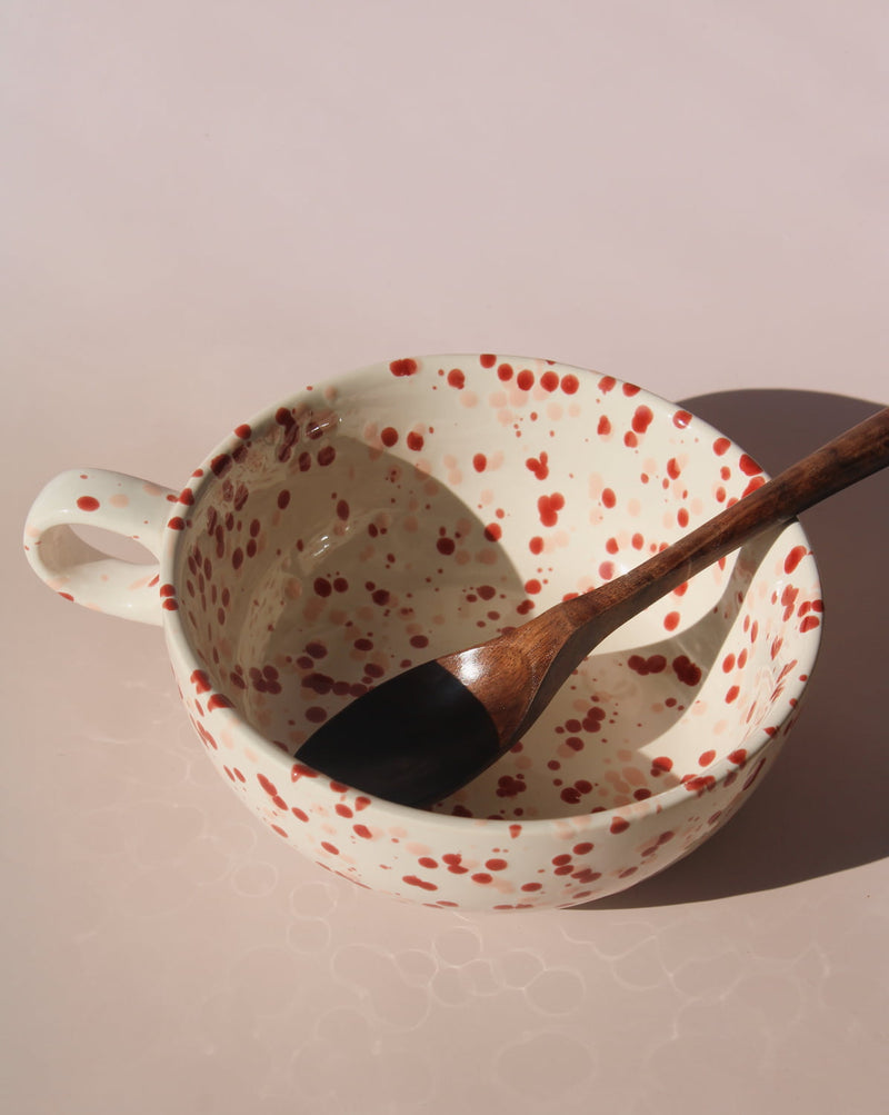 Bera ceramic bowl with pink and red speckled glaze, handmade soup bowl with handle for cozy table settings.