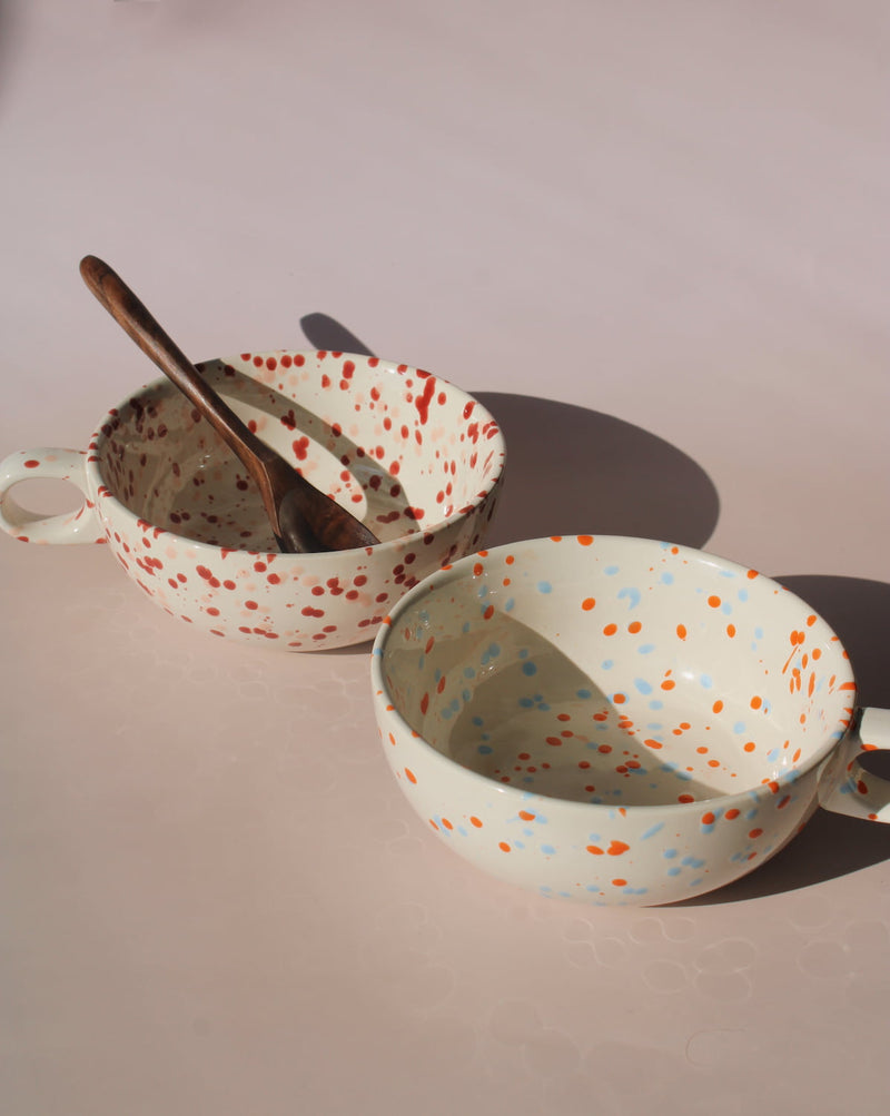 Bera and Naro ceramic bowls with colorful speckled glaze, handmade soup bowls for modern tableware.