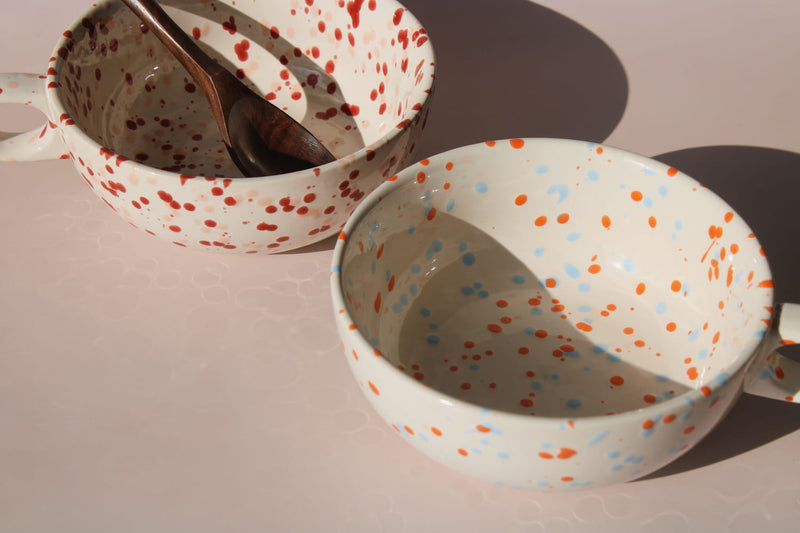 Bera and Naro ceramic bowls with colorful speckled glaze, handmade soup bowls for modern tableware.