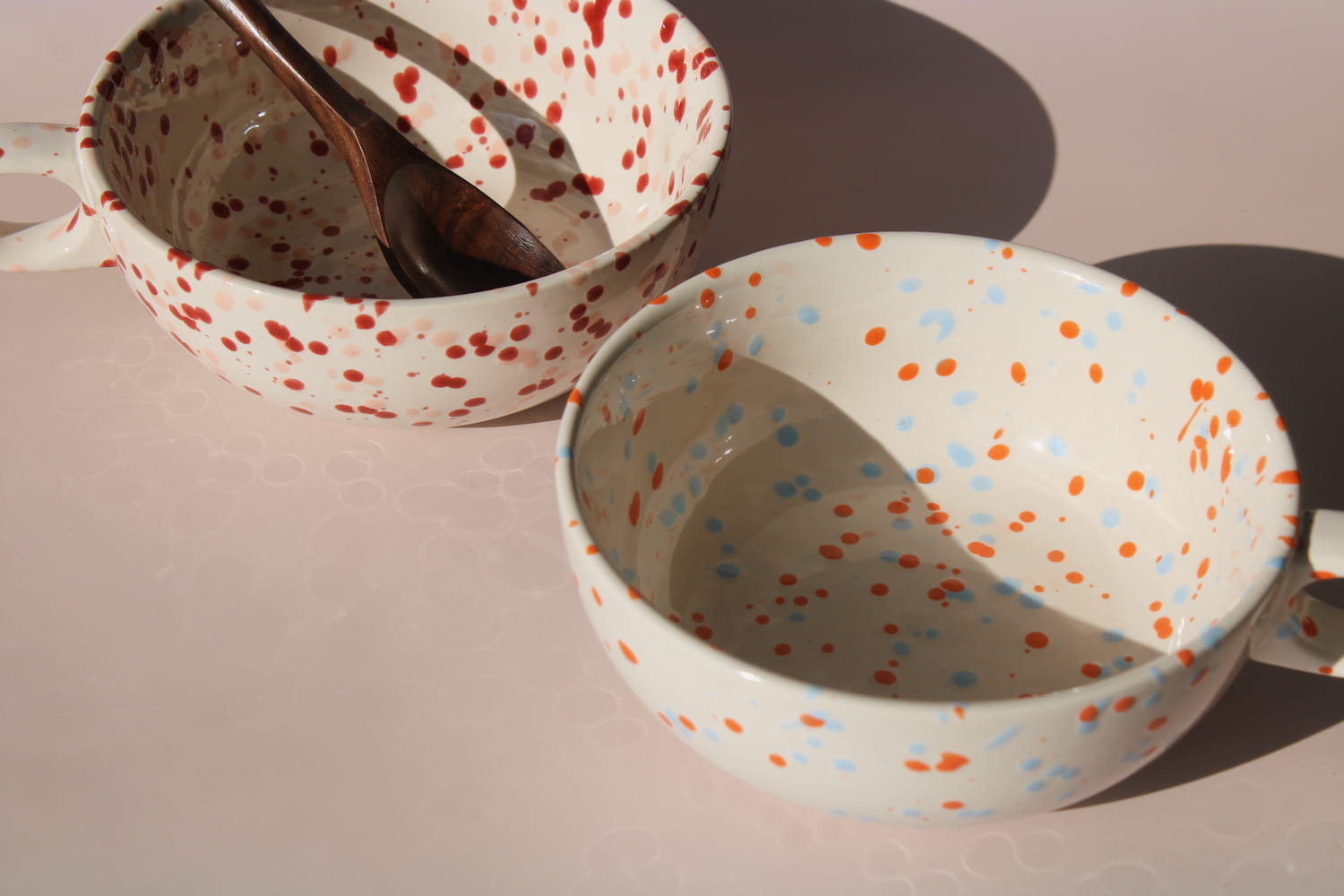 Bera and Naro ceramic bowls with colorful speckled glaze, handmade soup bowls for modern tableware.