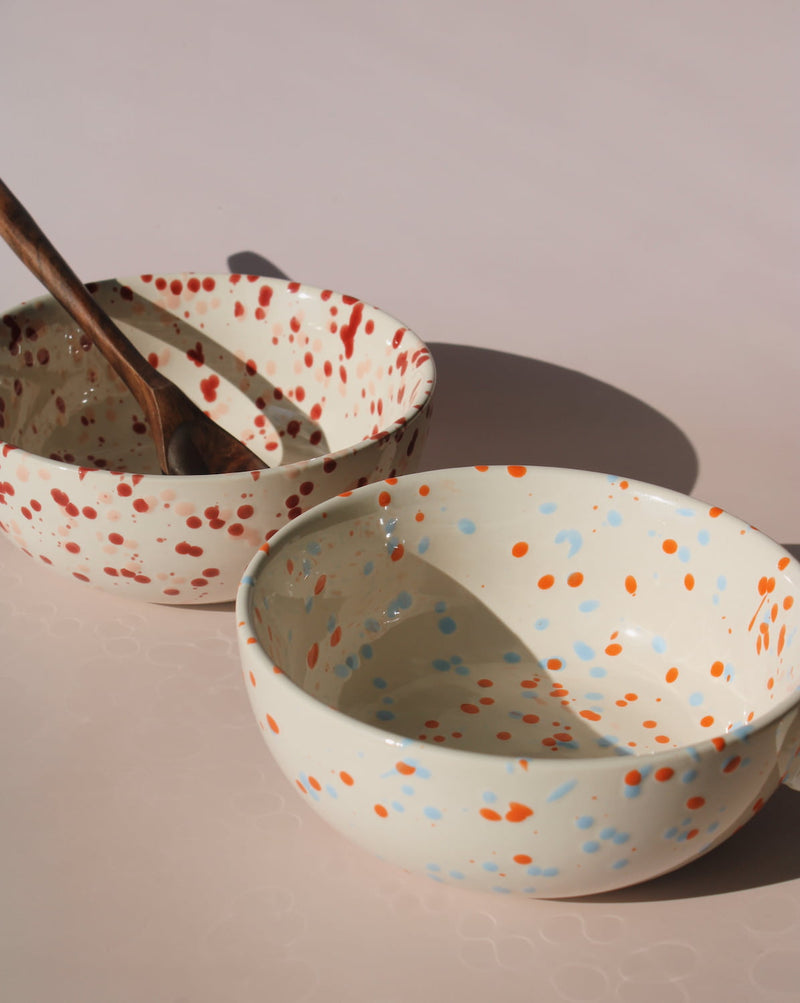 Bera and Naro ceramic bowls with colorful speckled glaze, handmade soup bowls for modern tableware.