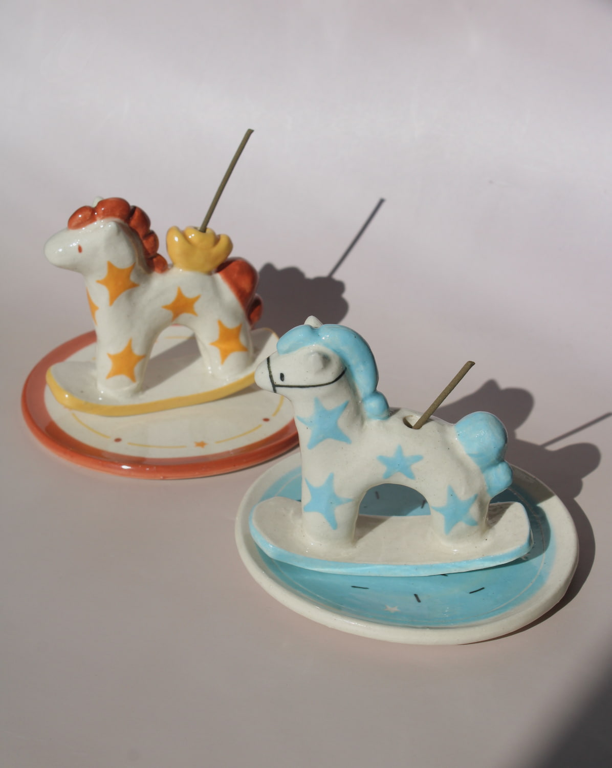 Ponyo and Ponette ceramic horse incense holders with star patterns, colorful whimsical incense burners for home decor.
