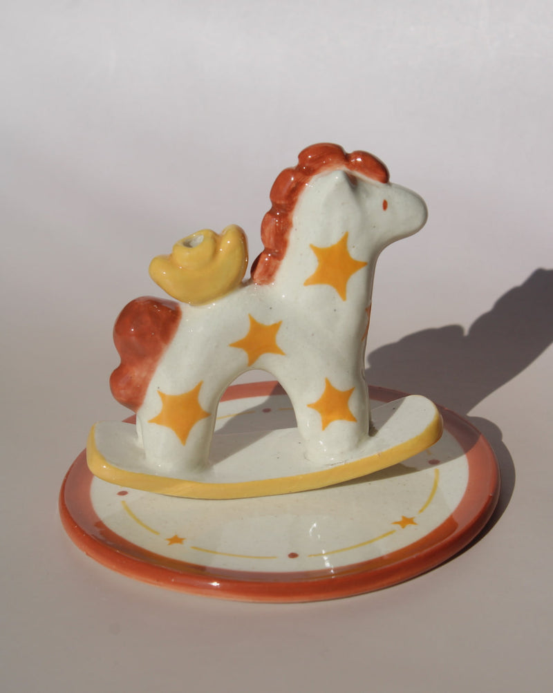 Ponyo ceramic horse incense holder with yellow stars and warm terracotta accents, whimsical ceramic incense burner with star tray.