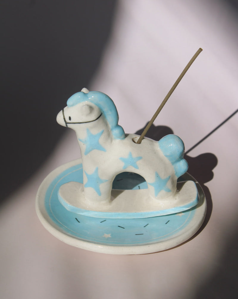 Ponette ceramic horse incense holder with blue stars and matching tray, playful ceramic incense burner for home decor.