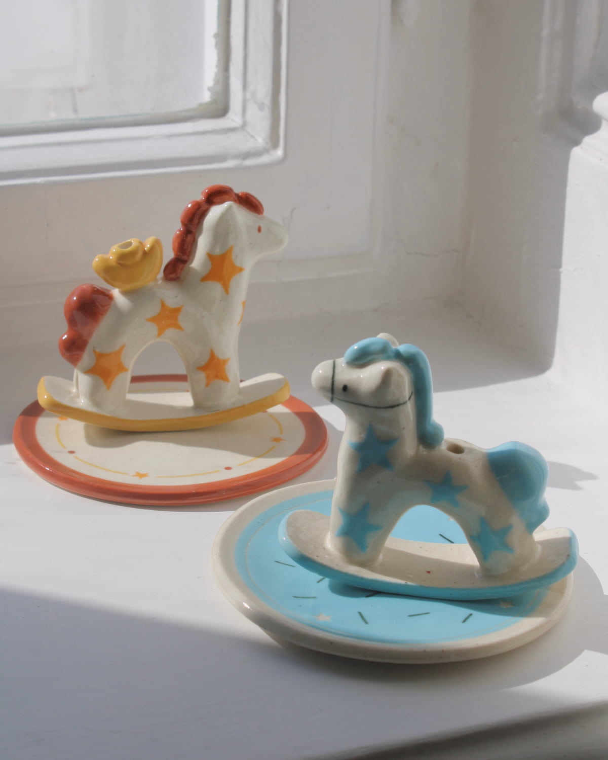 Ponyo and Ponette ceramic horse incense holders with star patterns, colorful whimsical incense burners for home decor.
