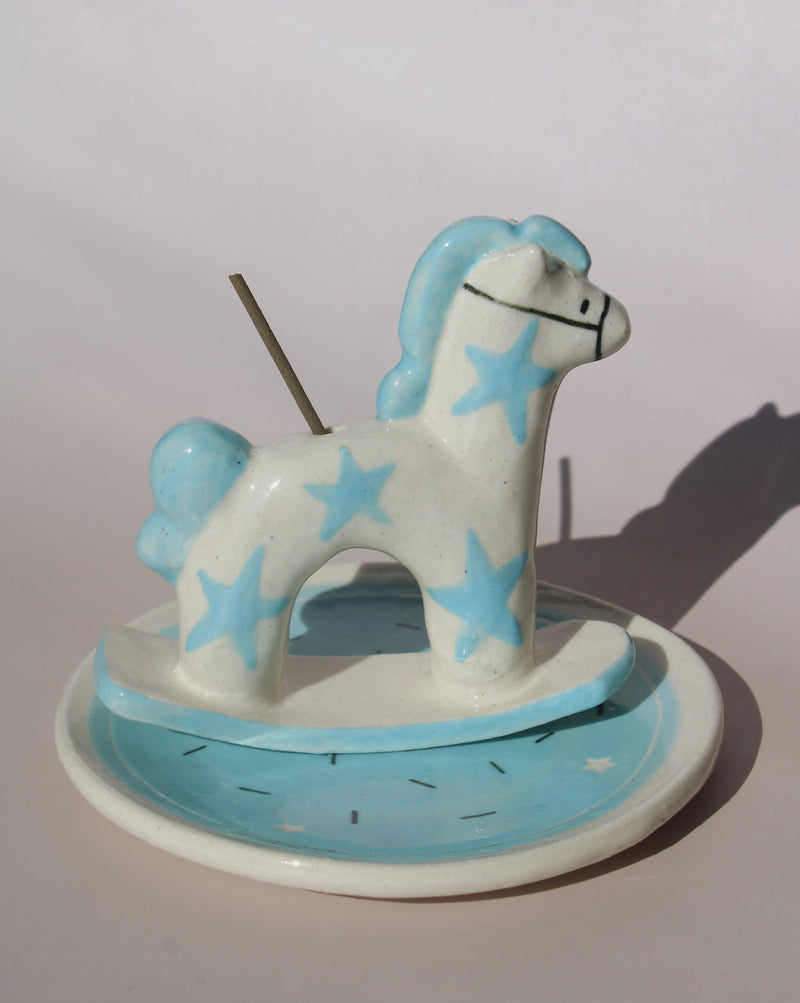 Ponette ceramic horse incense holder with blue stars and matching tray, playful ceramic incense burner for home decor.