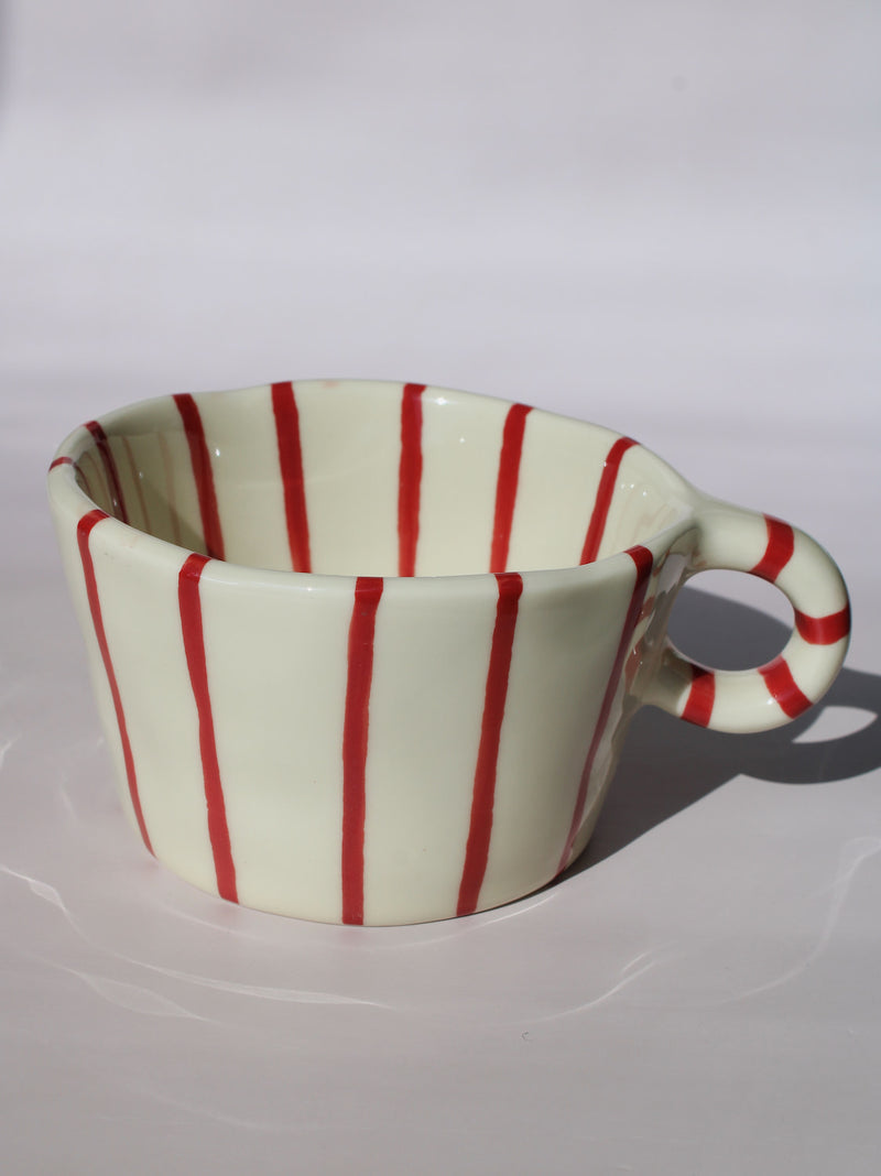 Arlo Ceramic Mug with bold red vertical stripes on a cream base, handmade pottery coffee mug with curved handle