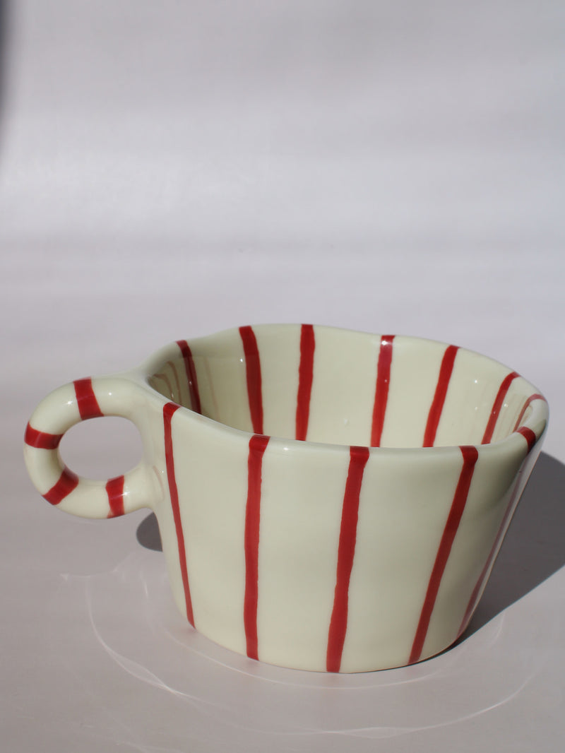 Arlo Ceramic Mug with bold red vertical stripes on a cream base, handmade pottery coffee mug with curved handle