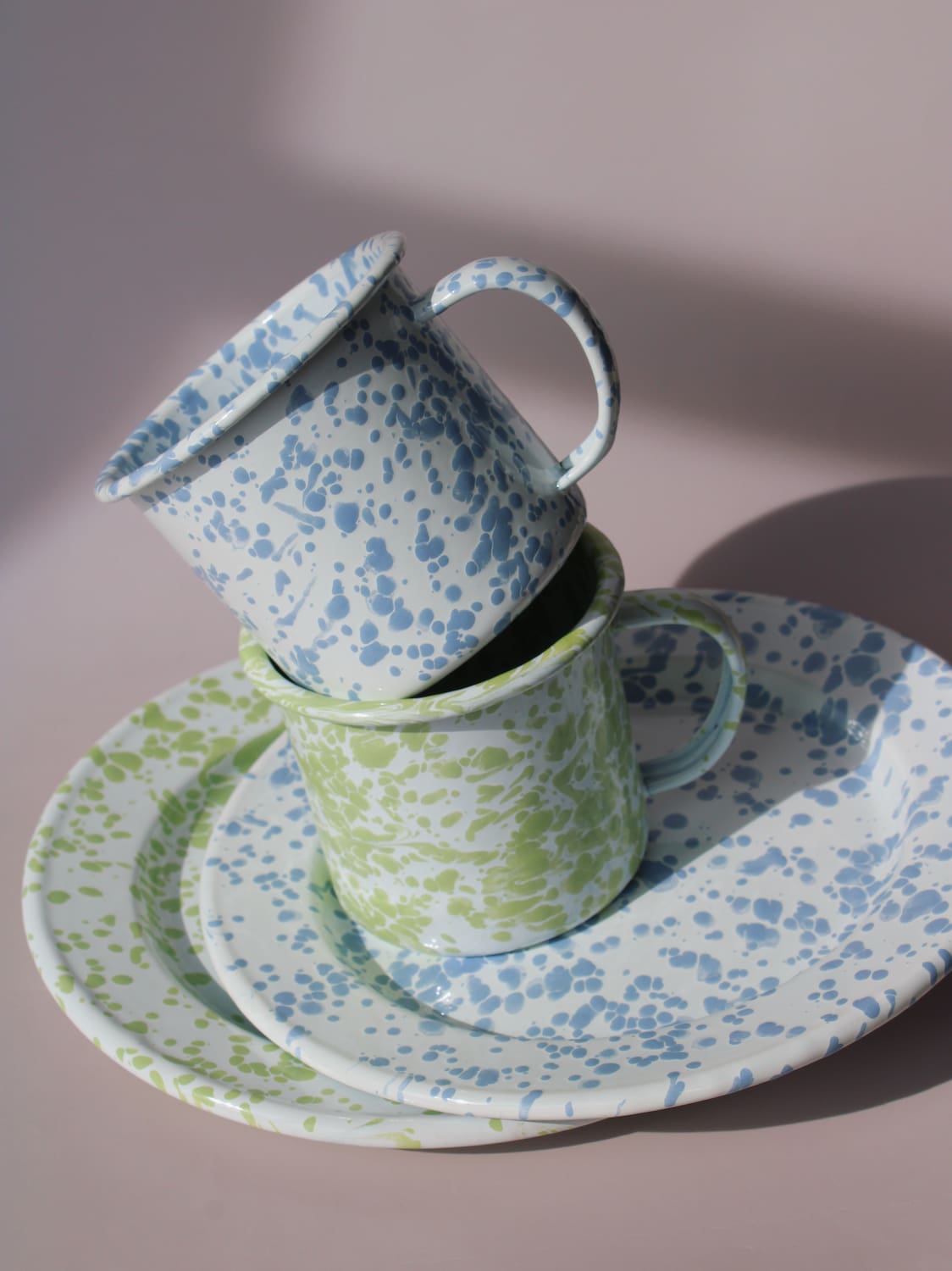 Aeris and Clover Enamel Mug and Plate sets together, speckled blue and speckled green handmade enamel tableware