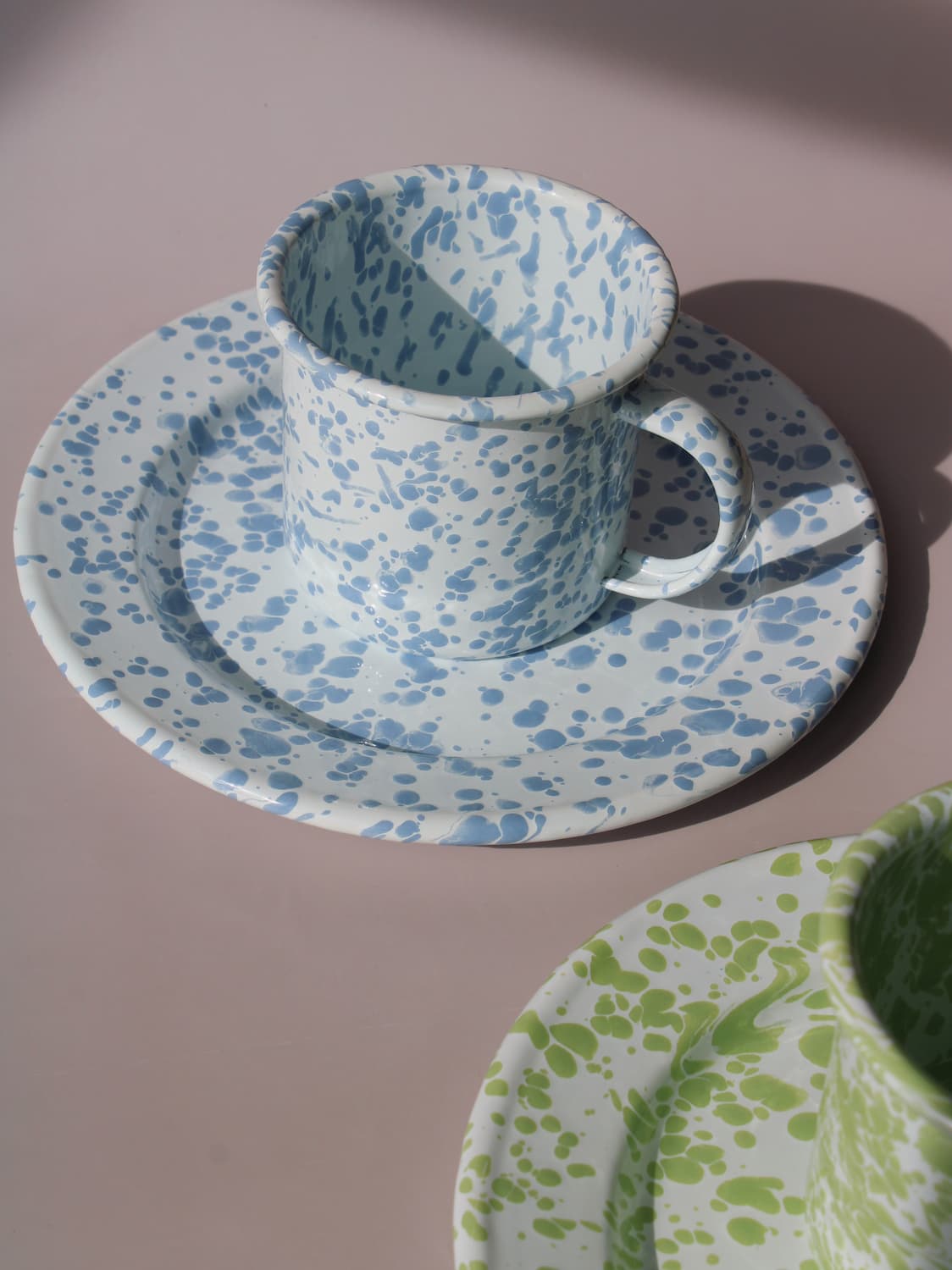 Aeris Enamel Mug and Plate set in matching speckled baby blue enamel, handmade tableware