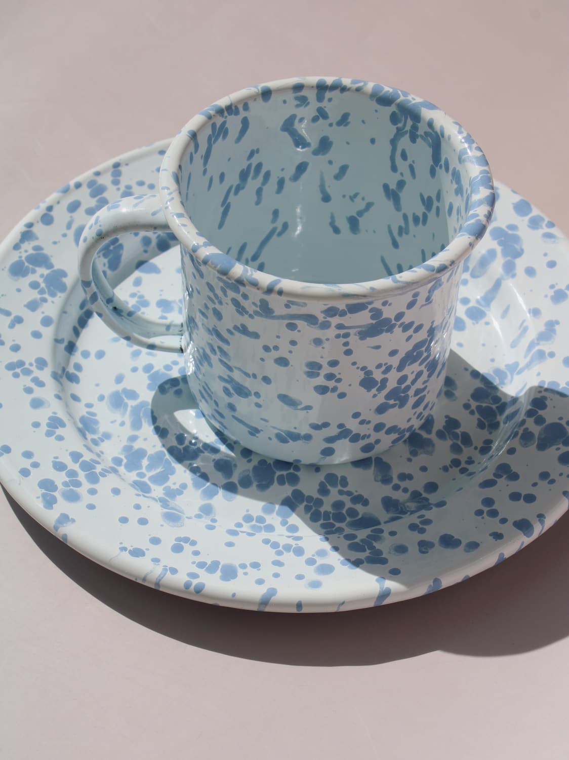 Aeris Enamel Mug and Plate set in matching speckled baby blue enamel, handmade tableware