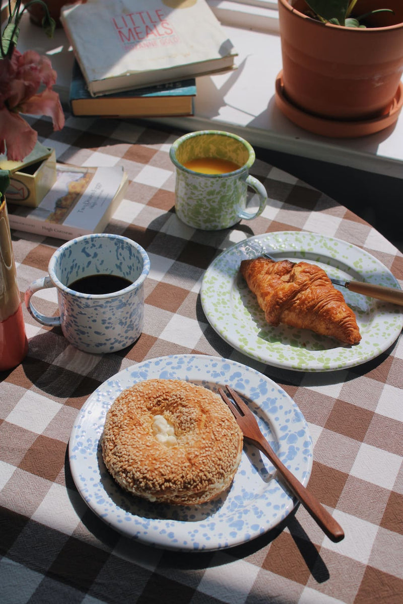 Aeris Enamel Mug and Aeris Enamel Plate styled with a sesame bagel alongside the Clover Enamel Mug and Clover Enamel Plate with a croissant, on a brown gingham surface with stacked books, flowers and a terracotta pot by a sunny window.