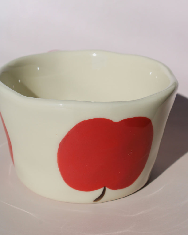 Apple motif ceramic mug with red apple illustration and red handle, handmade aesthetic coffee cup.