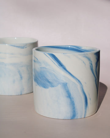 Two Sumi ceramic cups with blue marble swirl glaze, handmade stoneware cups for coffee or tea.