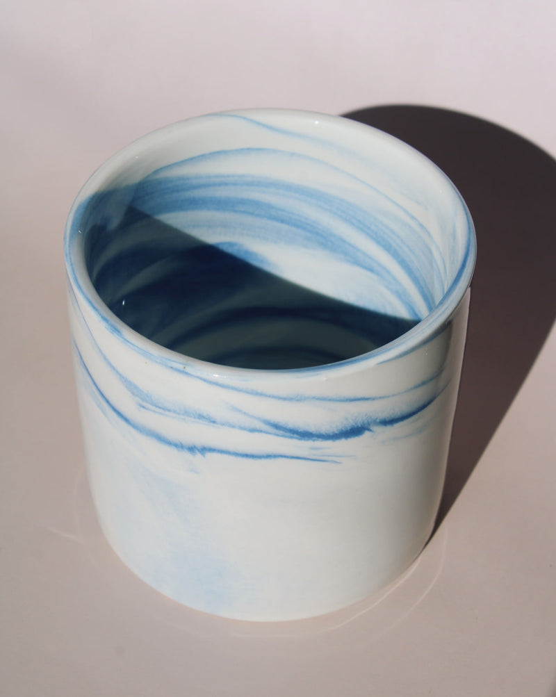 Sumi ceramic cup with blue marble swirl glaze, handmade stoneware cup for coffee, tea, or matcha.