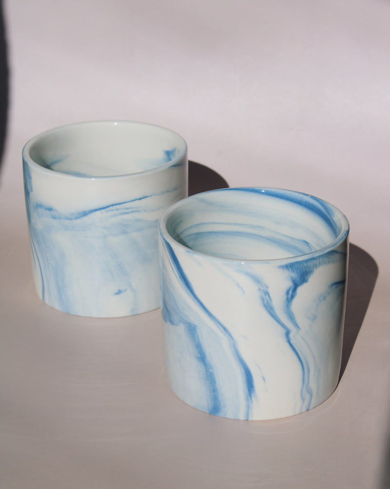 Two Sumi ceramic cups with blue marble swirl glaze, handmade stoneware cups for coffee or tea.