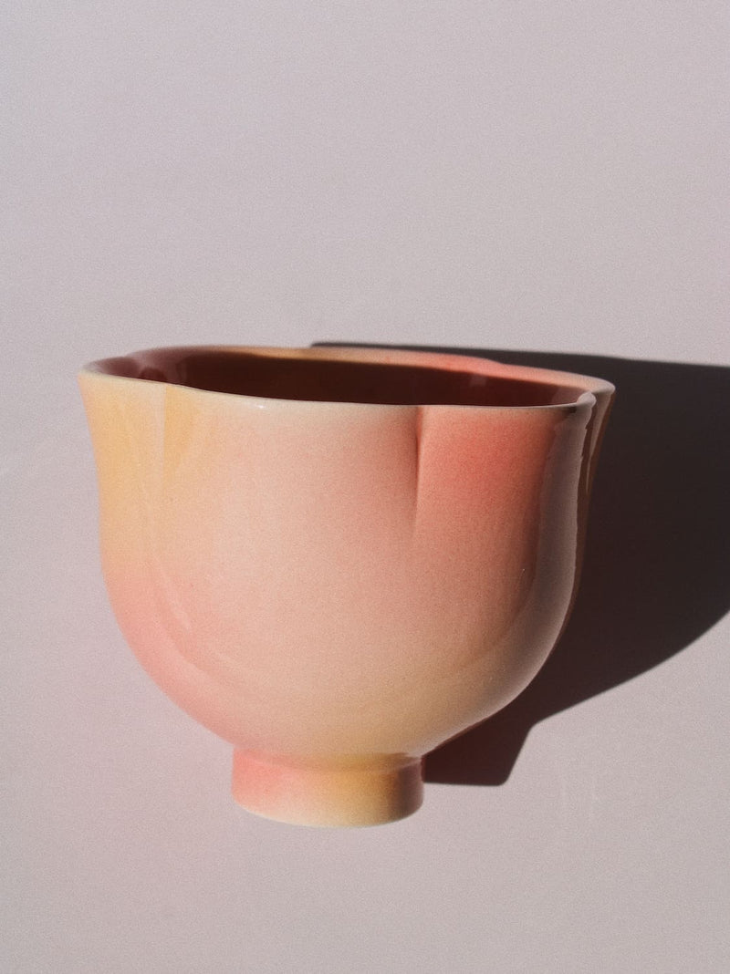 A ceramic bowl with a smooth, rounded shape and a small pedestal base, featuring a soft gradient color transition from pale peach-pink to warm cream. The bowl is photographed against a neutral light gray background with a sharp shadow cast to the right.