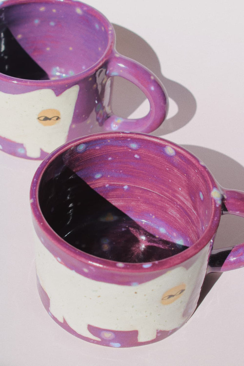 Mulberry Ceramic Cat Mug by Marta Shurpakova – handmade purple and cream ceramic mug with a playful cat design