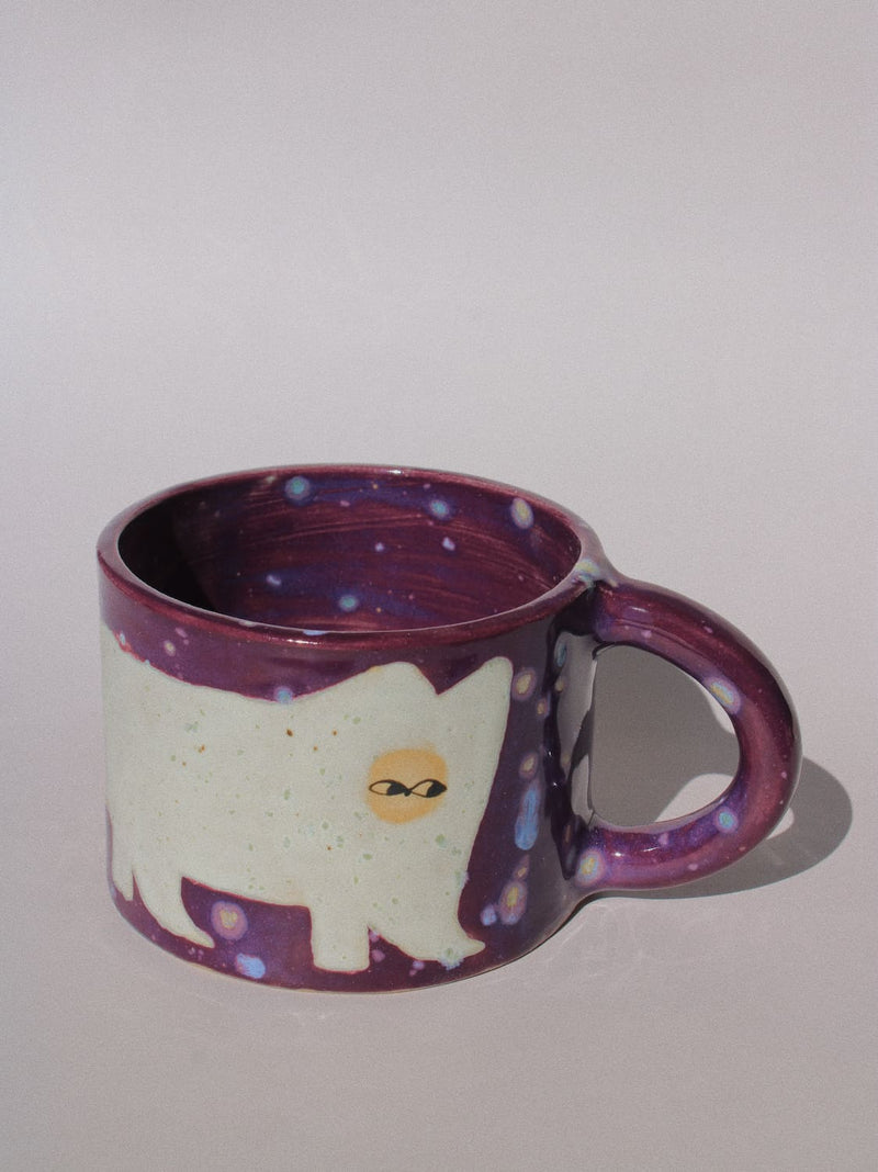 Mulberry Ceramic Cat Mug by Marta Shurpakova – handmade purple and cream ceramic mug with a playful cat design