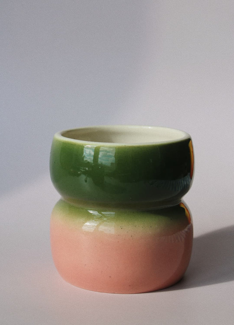 Belly Garden Ceramic Mug by Agata Puławska – handmade ceramic mug with a deep green and soft blush pink glaze