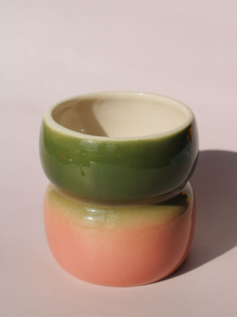 Belly Garden Ceramic Mug by Agata Puławska – handmade ceramic mug with a deep green and soft blush pink glaze