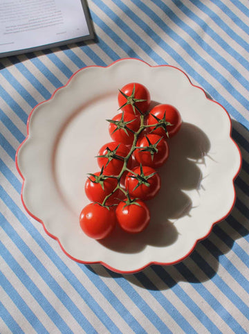 Red tomatoes on a white plate with red rim on a blue and white striped tablecloth
