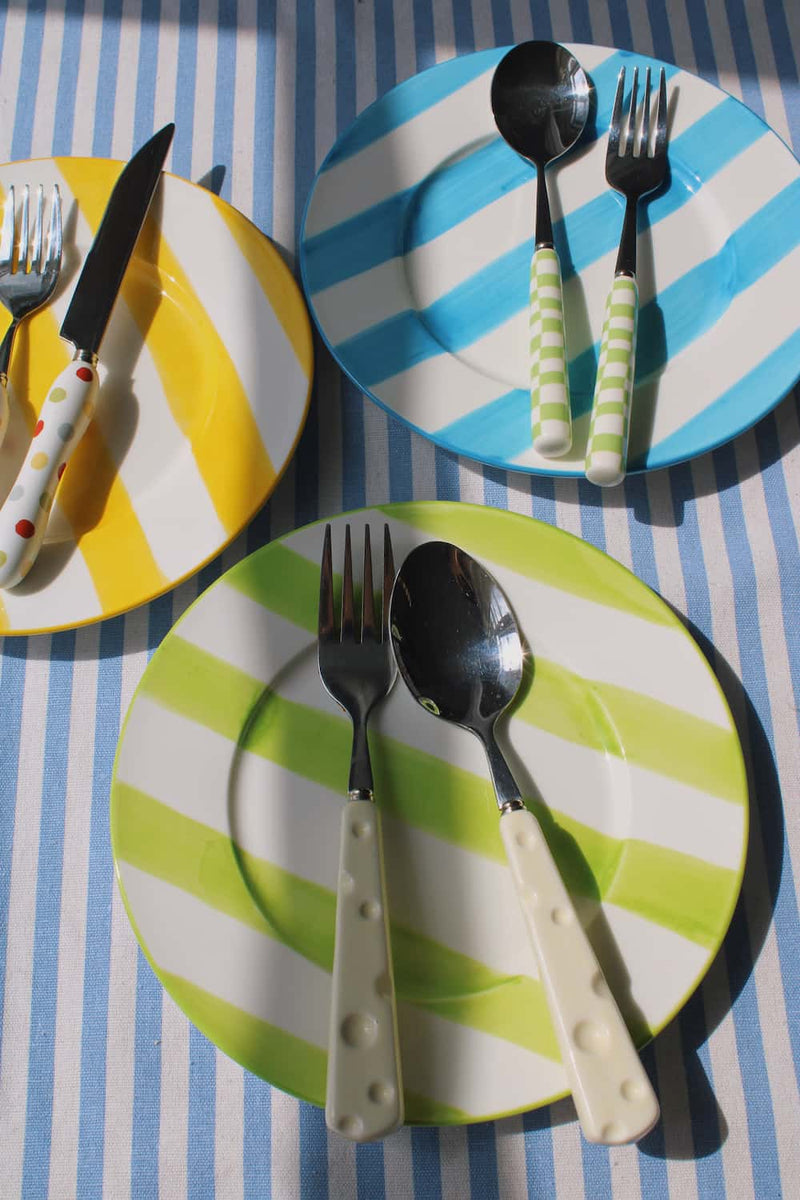 Etta, Olia and Mirel Plates together, handmade ceramic plates in yellow, green and blue stripes