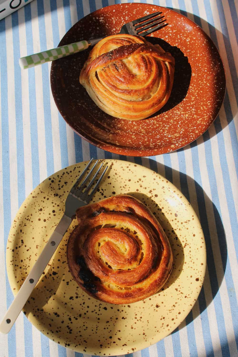 Ocre speckled ceramic plate with pastry, paired with Roca ceramic plate, handmade tableware set.