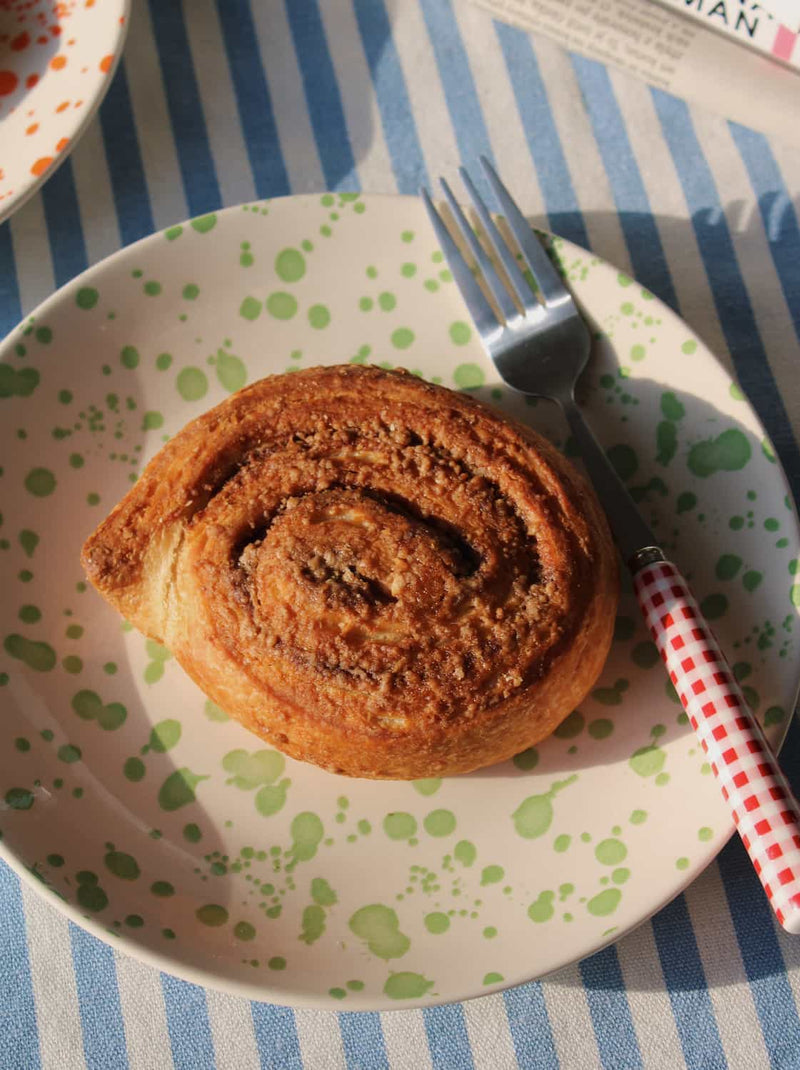 Mossel ceramic plate with green splatter glaze handmade dessert plate with pastry breakfast setting