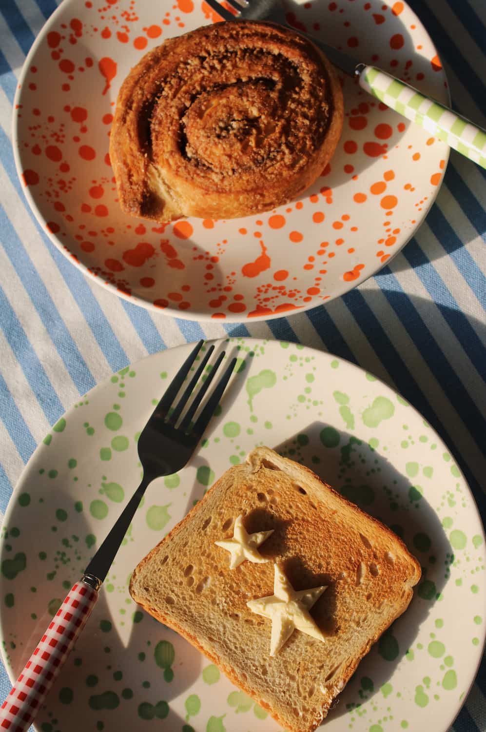 Corra ceramic plate and Mossel plate with pastry and toast handmade colorful dessert plates breakfast table setting