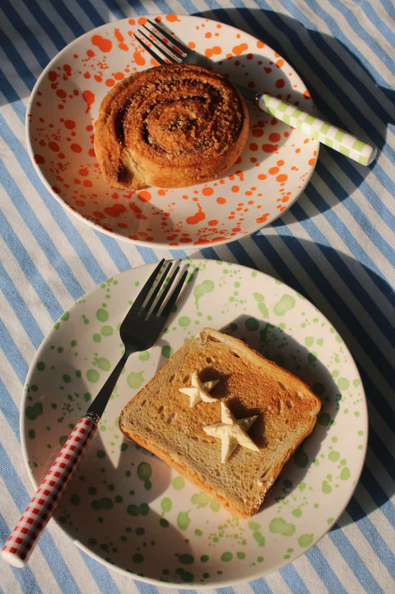 Corra ceramic plate and Mossel plate with pastry and toast handmade colorful dessert plates breakfast table setting